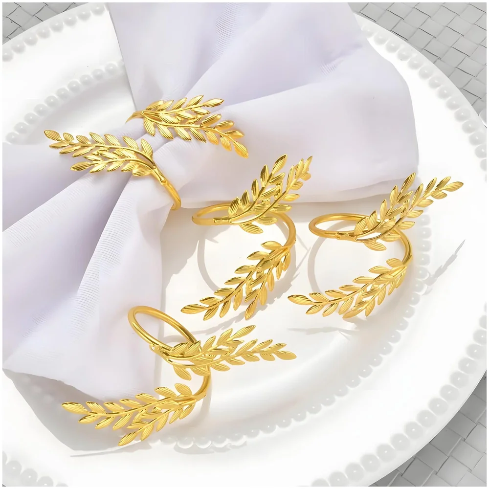 4 Pack Gold Napkin Rings, Golden Leaf Hollow Out Metal Napkin Ring Set, Gold Napkin Holder Table Decorations, 1.77 inch Napkin Ring Buckles for Homes Restaurants Guest Wedding Party