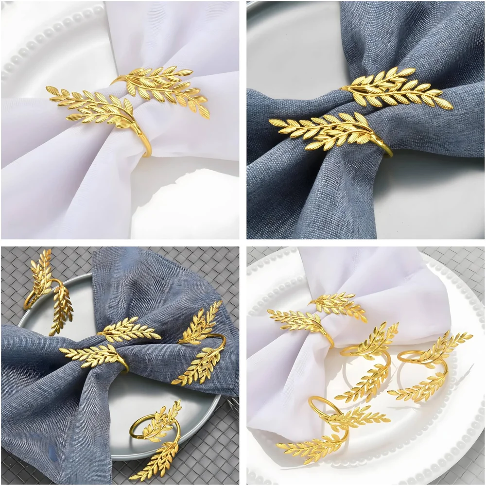 4 Pack Gold Napkin Rings, Golden Leaf Hollow Out Metal Napkin Ring Set, Gold Napkin Holder Table Decorations, 1.77 inch Napkin Ring Buckles for Homes Restaurants Guest Wedding Party