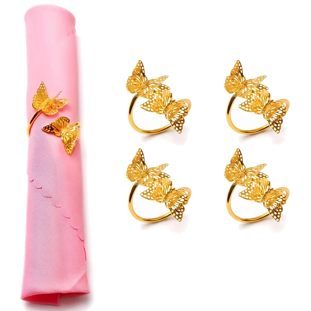 4 Pack Gold Napkin Rings Golden Butterfly Hollow Out Metal Napkin Ring Set, Gold Napkin Holder Table Decorations, 1.77 inch Napkin Ring Buckles for Homes Restaurants Guest Wedding Party