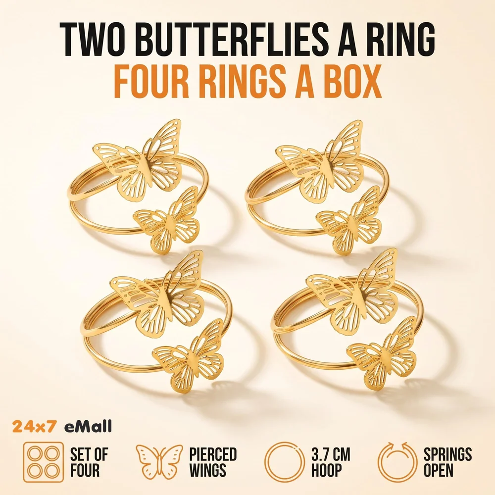 4 Pack Gold Napkin Rings Golden Butterfly Hollow Out Metal Napkin Ring Set, Gold Napkin Holder Table Decorations, 1.77 inch Napkin Ring Buckles for Homes Restaurants Guest Wedding Party
