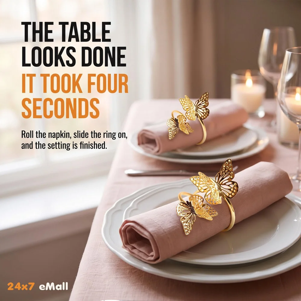 4 Pack Gold Napkin Rings Golden Butterfly Hollow Out Metal Napkin Ring Set, Gold Napkin Holder Table Decorations, 1.77 inch Napkin Ring Buckles for Homes Restaurants Guest Wedding Party