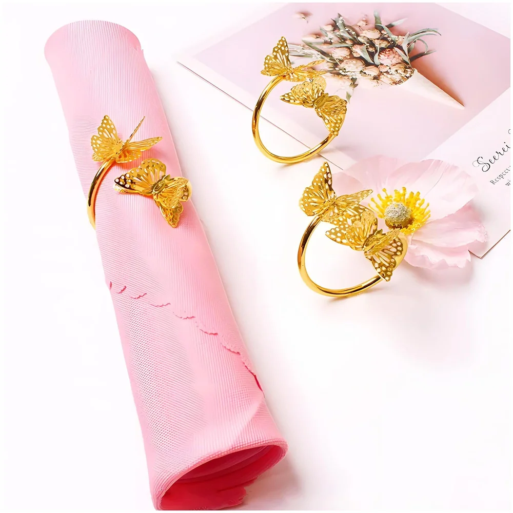 4 Pack Gold Napkin Rings Golden Butterfly Hollow Out Metal Napkin Ring Set, Gold Napkin Holder Table Decorations, 1.77 inch Napkin Ring Buckles for Homes Restaurants Guest Wedding Party