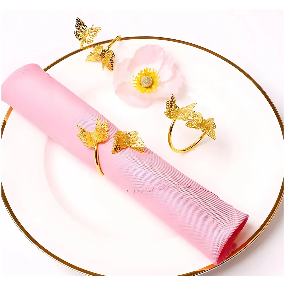 4 Pack Gold Napkin Rings Golden Butterfly Hollow Out Metal Napkin Ring Set, Gold Napkin Holder Table Decorations, 1.77 inch Napkin Ring Buckles for Homes Restaurants Guest Wedding Party