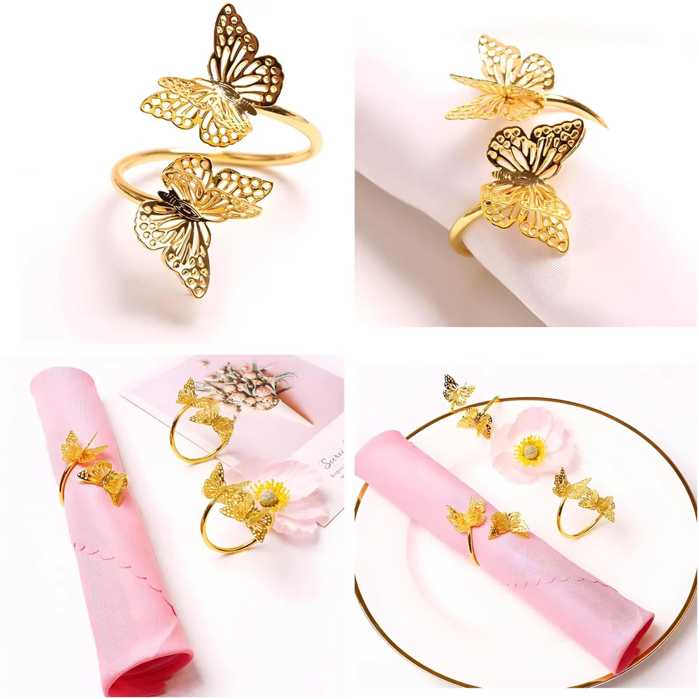 4 Pack Gold Napkin Rings Golden Butterfly Hollow Out Metal Napkin Ring Set, Gold Napkin Holder Table Decorations, 1.77 inch Napkin Ring Buckles for Homes Restaurants Guest Wedding Party