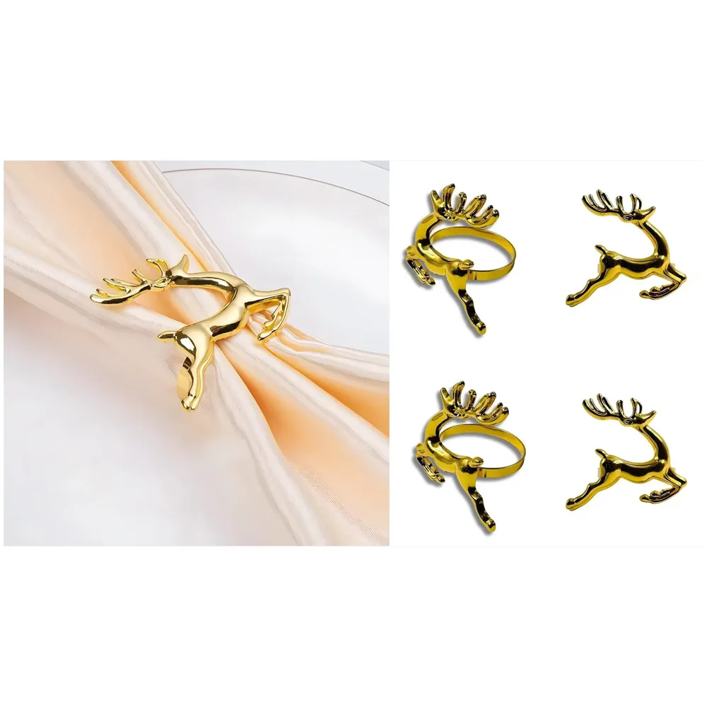 4 Pack Gold Napkin Rings Golden Deer Hollow Out Metal Napkin Ring Set, Gold Napkin Holder Table Decorations, 1.77 inch Napkin Ring Buckles for Homes Restaurants Guest Wedding Party