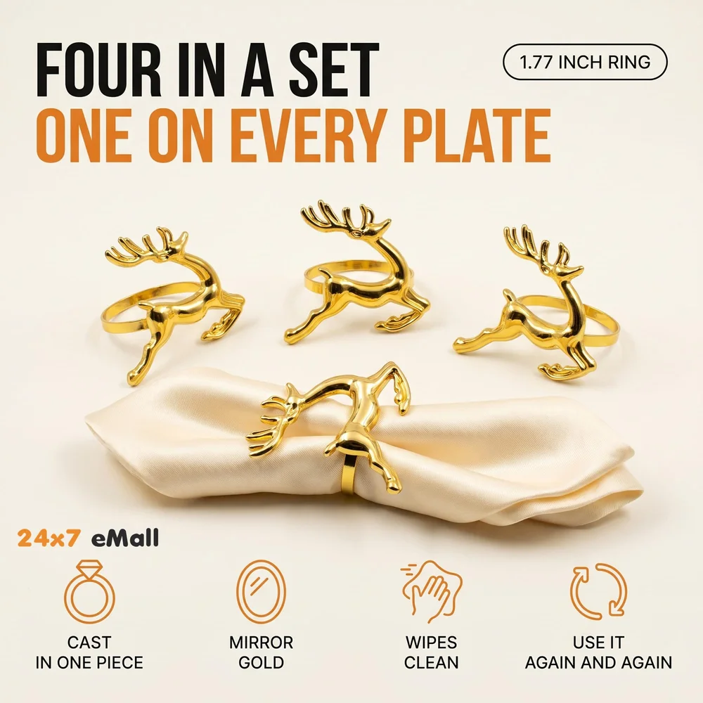 4 Pack Gold Napkin Rings Golden Deer Hollow Out Metal Napkin Ring Set, Gold Napkin Holder Table Decorations, 1.77 inch Napkin Ring Buckles for Homes Restaurants Guest Wedding Party