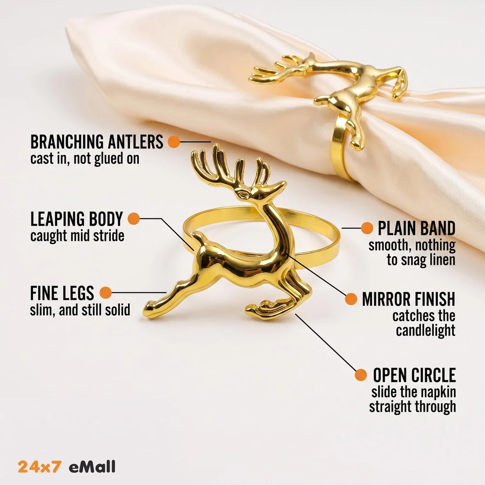 4 Pack Gold Napkin Rings Golden Deer Hollow Out Metal Napkin Ring Set, Gold Napkin Holder Table Decorations, 1.77 inch Napkin Ring Buckles for Homes Restaurants Guest Wedding Party