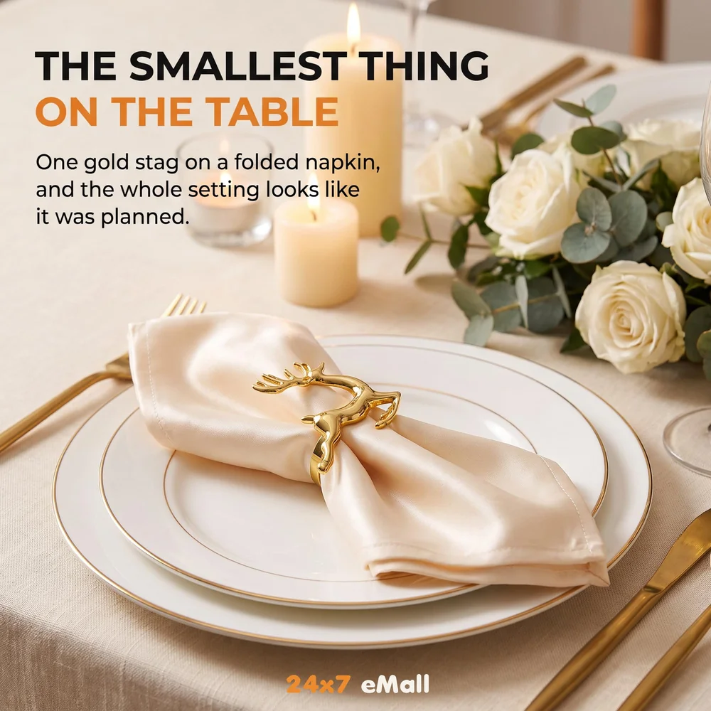 4 Pack Gold Napkin Rings Golden Deer Hollow Out Metal Napkin Ring Set, Gold Napkin Holder Table Decorations, 1.77 inch Napkin Ring Buckles for Homes Restaurants Guest Wedding Party
