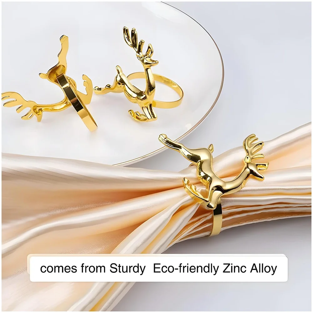 4 Pack Gold Napkin Rings Golden Deer Hollow Out Metal Napkin Ring Set, Gold Napkin Holder Table Decorations, 1.77 inch Napkin Ring Buckles for Homes Restaurants Guest Wedding Party