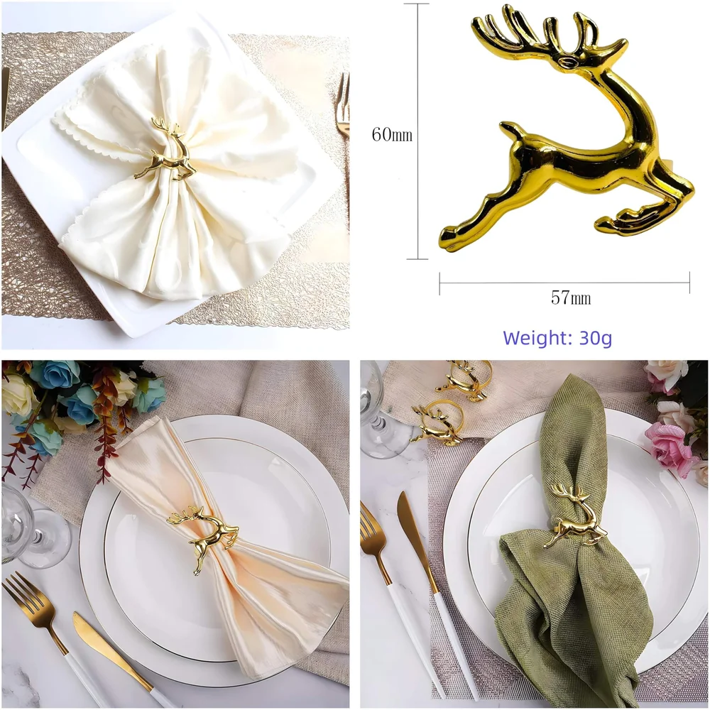 4 Pack Gold Napkin Rings Golden Deer Hollow Out Metal Napkin Ring Set, Gold Napkin Holder Table Decorations, 1.77 inch Napkin Ring Buckles for Homes Restaurants Guest Wedding Party