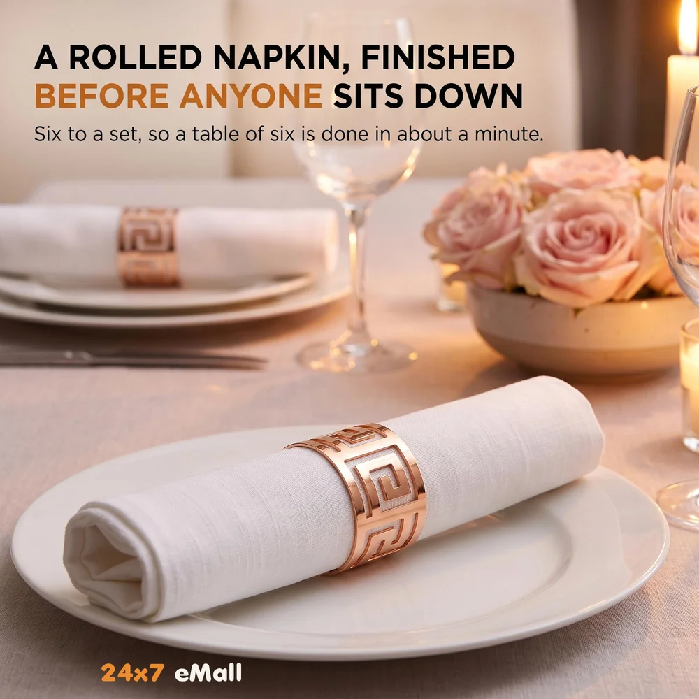 6 Pack Rose Gold Napkin Rings, Hollow Out Metal Napkin Ring Set, Napkin Holder Table Decorations, 1.77 inch Napkin Ring Buckles for Homes Restaurants Guest Wedding Party