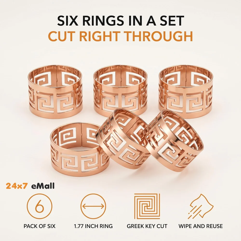 6 Pack Rose Gold Napkin Rings, Hollow Out Metal Napkin Ring Set, Napkin Holder Table Decorations, 1.77 inch Napkin Ring Buckles for Homes Restaurants Guest Wedding Party