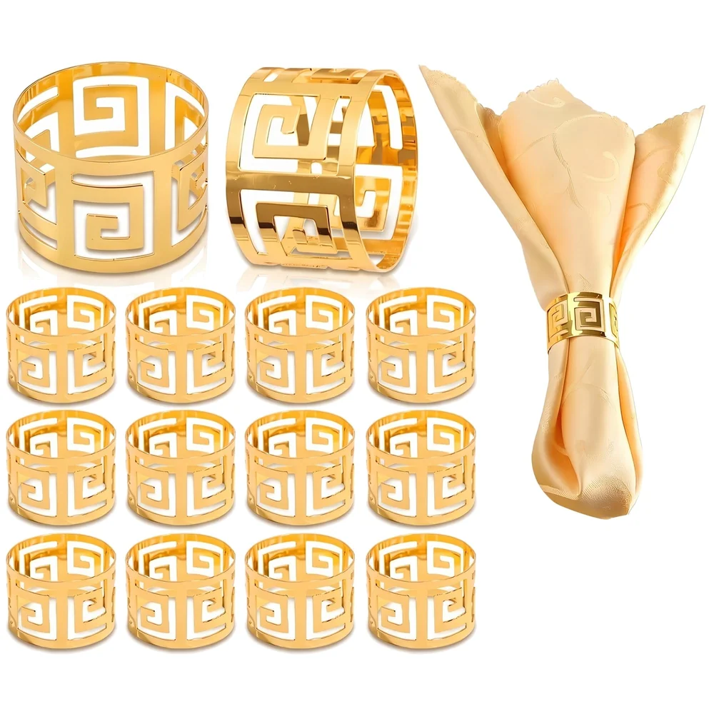 12 Pack Gold Napkin Rings, Hollow Out Metal Napkin Ring Set, Gold Napkin Holder Table Decorations, 1.77 inch Napkin Ring Buckles for Homes Restaurants Guest Wedding Party