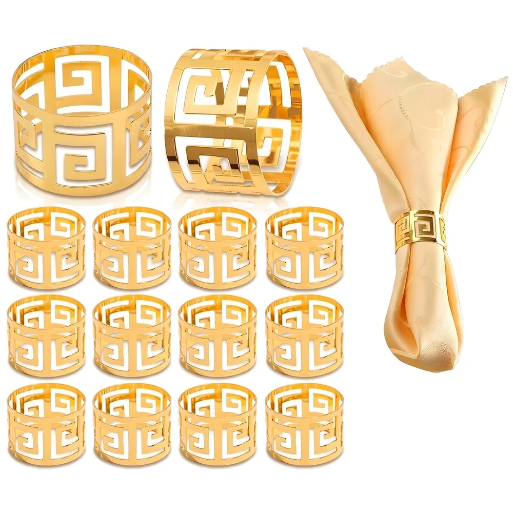 12 Pack Gold Napkin Rings Hollow Out Metal Holder 1.77 inch Set