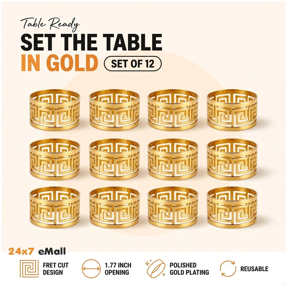 12 Pack Gold Napkin Rings Hollow Out Metal Holder 1.77 inch Set
