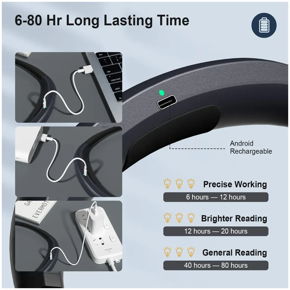 Neck Reading Light LED, 3 Colors, 6 Brightness Levels, Bendable Arms, Rechargeable, Long Lasting, Perfect for Reading, Knitting, Camping, Repairing