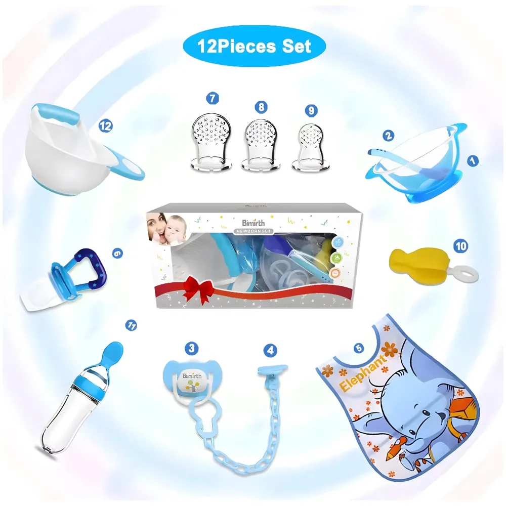 Baby Feeding Set, 12 Pieces, New Born Tableware Set, Fruit Teat, Baby Bowl with Suction Cup, Baby Spoon, Baby Food Dispenser Spoon, Bib Baby, Grinding Bowl for Children Complete Kit Blue