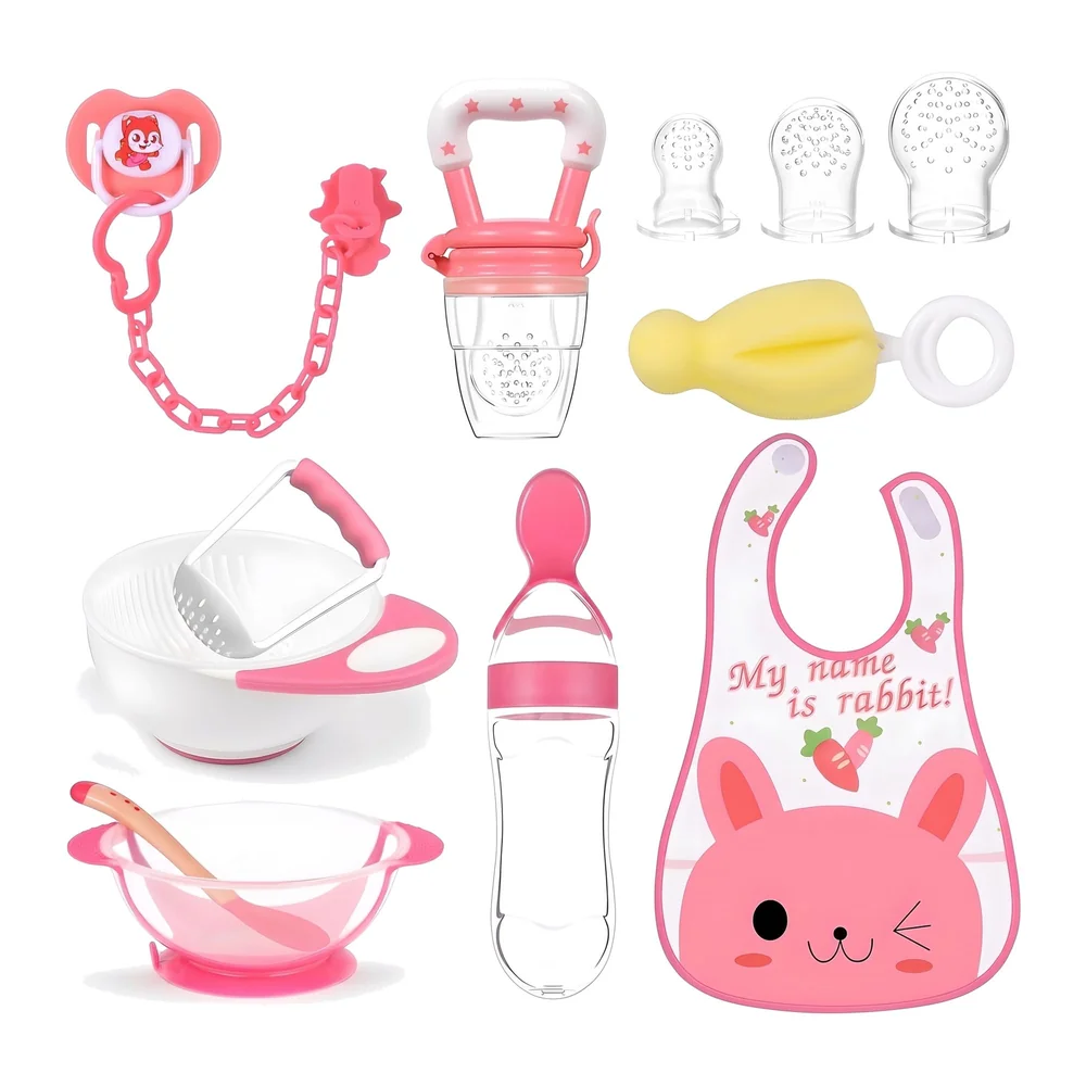Baby Feeding Set, 12 Pieces, New Born Tableware Set, Fruit Teat, Baby Bowl with Suction Cup, Baby Spoon, Baby Food Dispenser Spoon, Bib Baby, Grinding Bowl for Children Complete Kit Pink