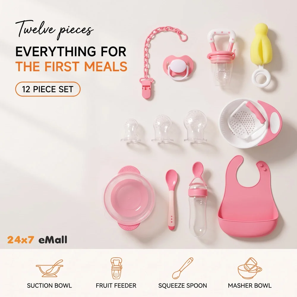 Baby Feeding Set, 12 Pieces, New Born Tableware Set, Fruit Teat, Baby Bowl with Suction Cup, Baby Spoon, Baby Food Dispenser Spoon, Bib Baby, Grinding Bowl for Children Complete Kit Pink