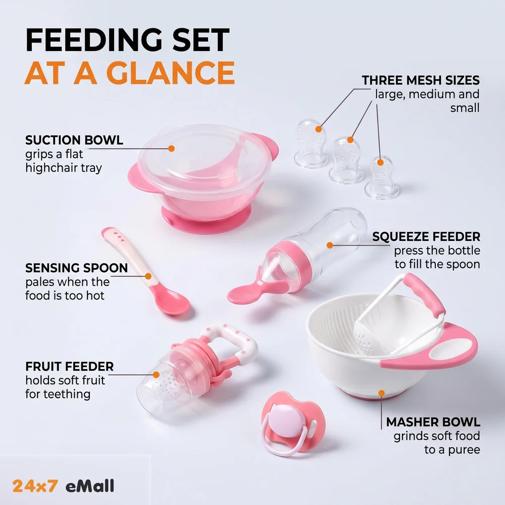 Baby Feeding Set, 12 Pieces, New Born Tableware Set, Fruit Teat, Baby Bowl with Suction Cup, Baby Spoon, Baby Food Dispenser Spoon, Bib Baby, Grinding Bowl for Children Complete Kit Pink
