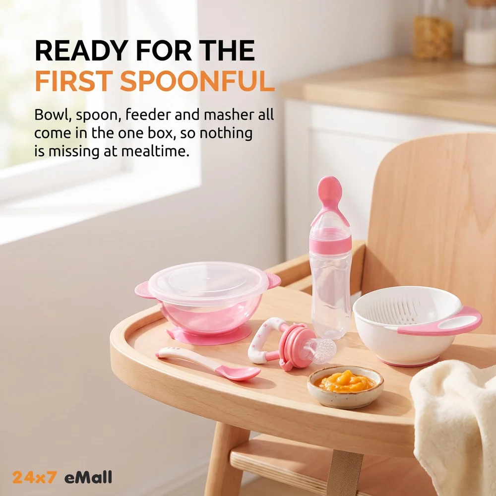 Baby Feeding Set, 12 Pieces, New Born Tableware Set, Fruit Teat, Baby Bowl with Suction Cup, Baby Spoon, Baby Food Dispenser Spoon, Bib Baby, Grinding Bowl for Children Complete Kit Pink