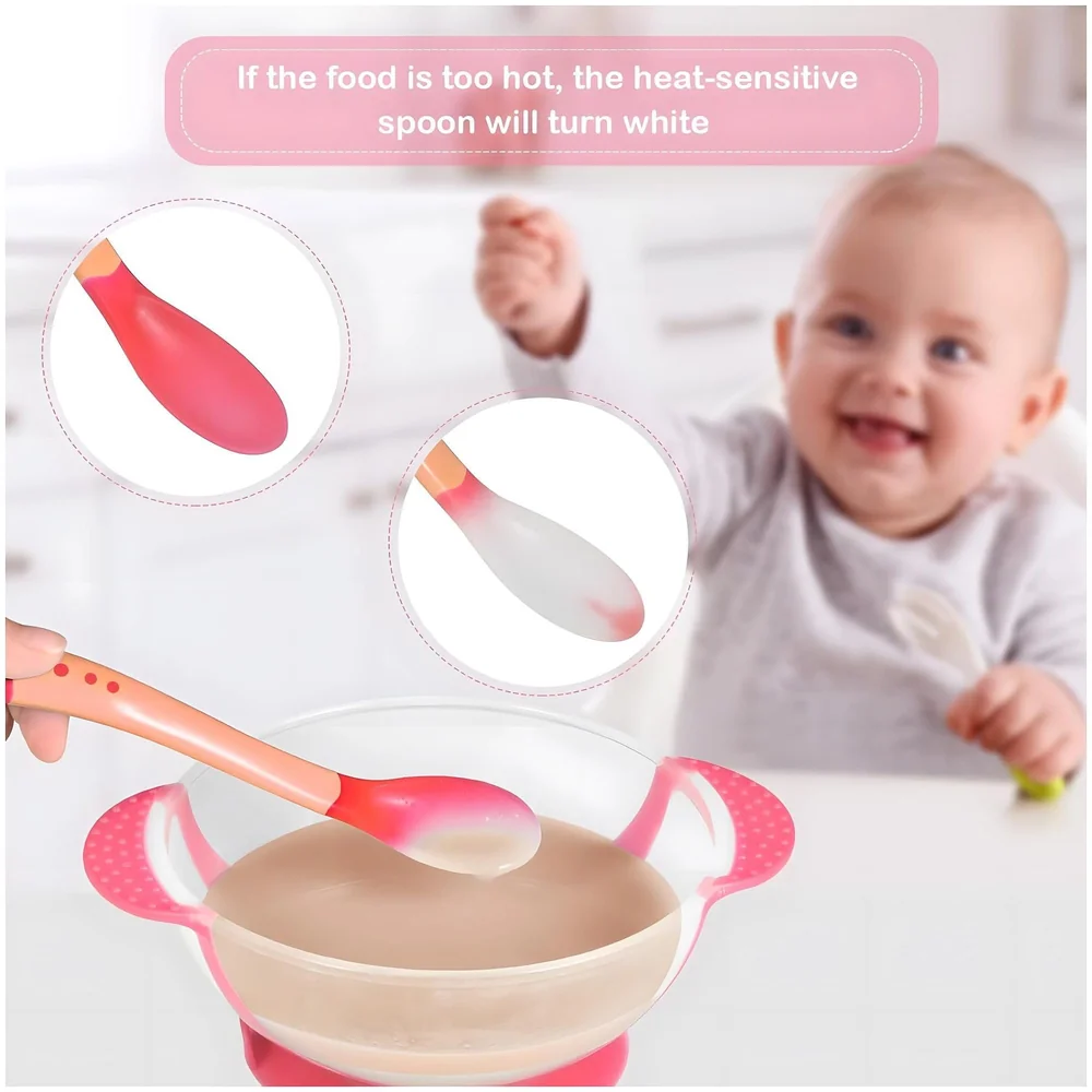 Baby Feeding Set, 12 Pieces, New Born Tableware Set, Fruit Teat, Baby Bowl with Suction Cup, Baby Spoon, Baby Food Dispenser Spoon, Bib Baby, Grinding Bowl for Children Complete Kit Pink