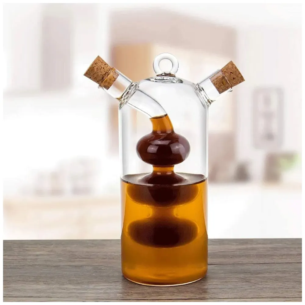 Oil and Vinegar Cruet Set Dispenser Set, 2-In-1 Double Layer Glass Olive Oil Bottle with Cork Stoppers, Pourer Spout Stoppers Oil Cruet Jar for Cooking