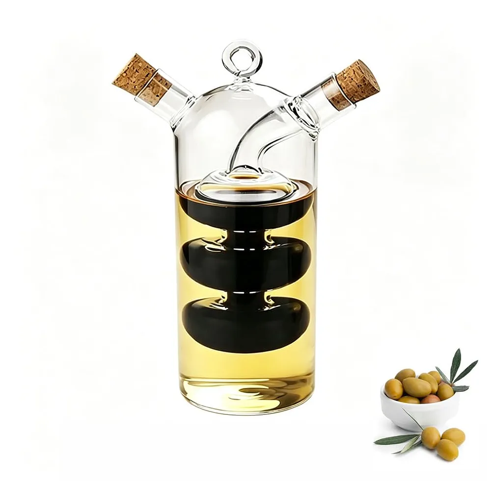 WINAKUI Olive Oil and Vinegar Dispenser Cruet Bottles, 2 in 1 Transparent Glass Oil Bottle, Dual Glass Oil Dispenser Bottles for Kitchen Cooking Container