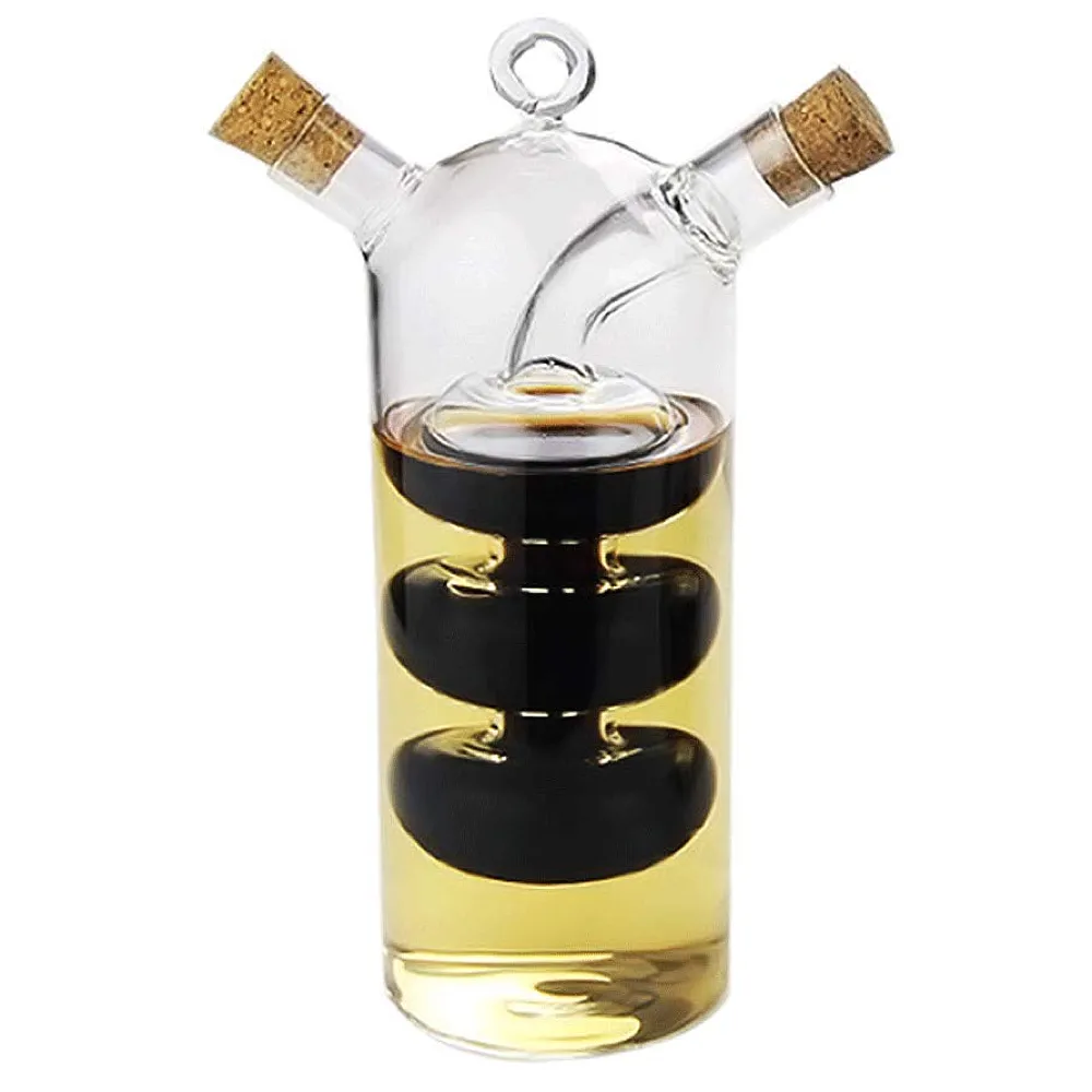 WINAKUI Olive Oil and Vinegar Dispenser Cruet Bottles, 2 in 1 Transparent Glass Oil Bottle, Dual Glass Oil Dispenser Bottles for Kitchen Cooking Container