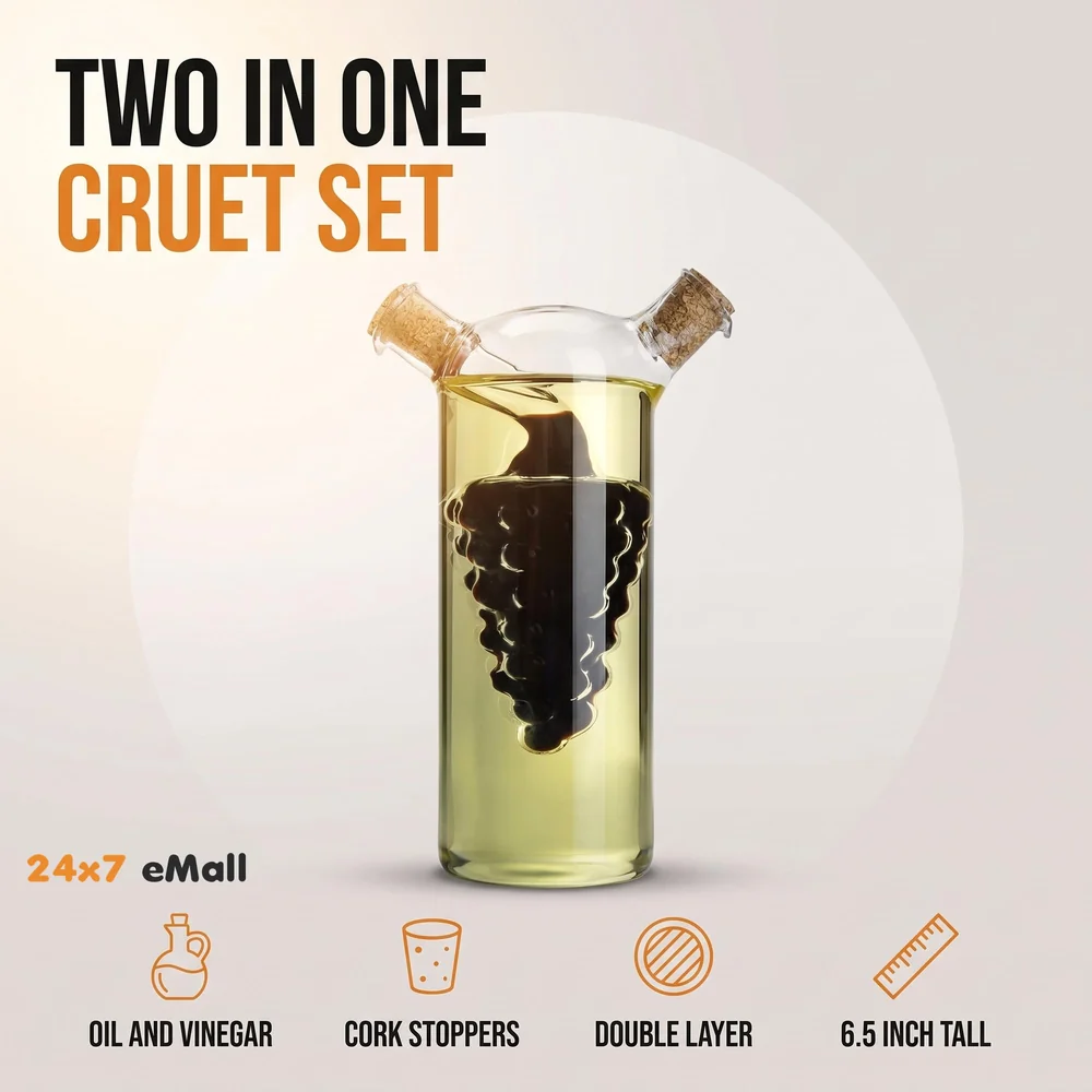 Oil and Vinegar Cruet Set Dispenser Set, 2-In-1 Double Layer Glass Olive Oil Bottle with Cork Stoppers, Pourer Spout Stoppers Oil Cruet Jar for Cooking Grape