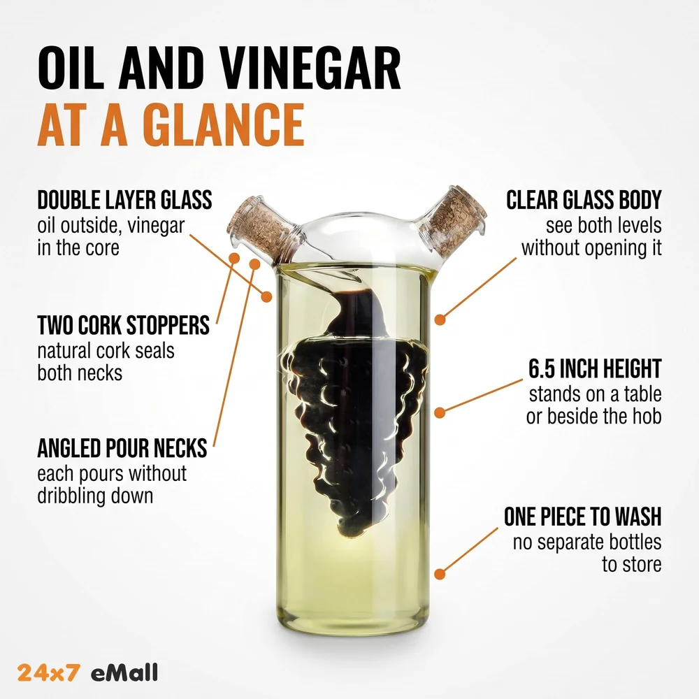 Oil and Vinegar Cruet Set Dispenser Set, 2-In-1 Double Layer Glass Olive Oil Bottle with Cork Stoppers, Pourer Spout Stoppers Oil Cruet Jar for Cooking Grape