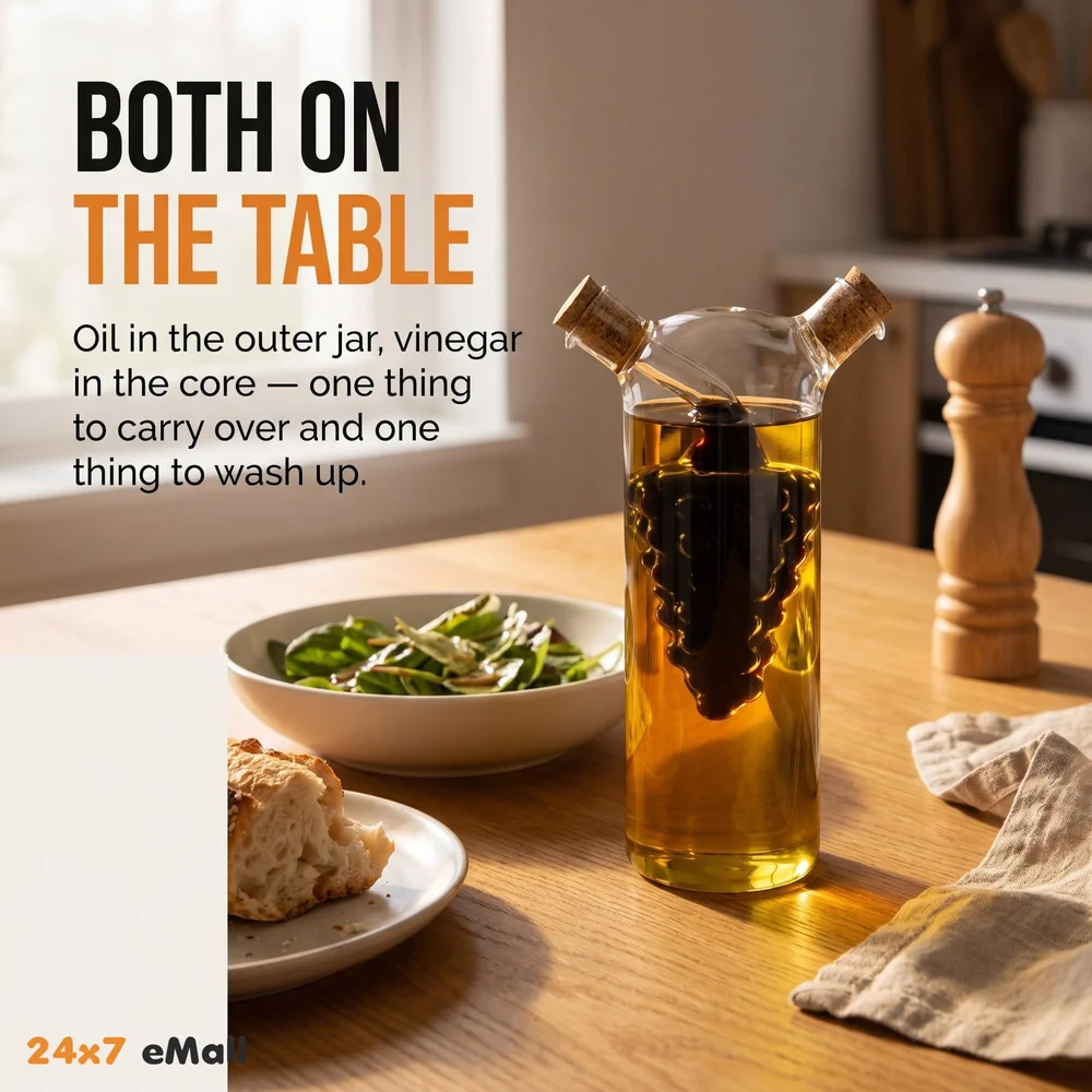 Oil and Vinegar Cruet Set Dispenser Set, 2-In-1 Double Layer Glass Olive Oil Bottle with Cork Stoppers, Pourer Spout Stoppers Oil Cruet Jar for Cooking Grape