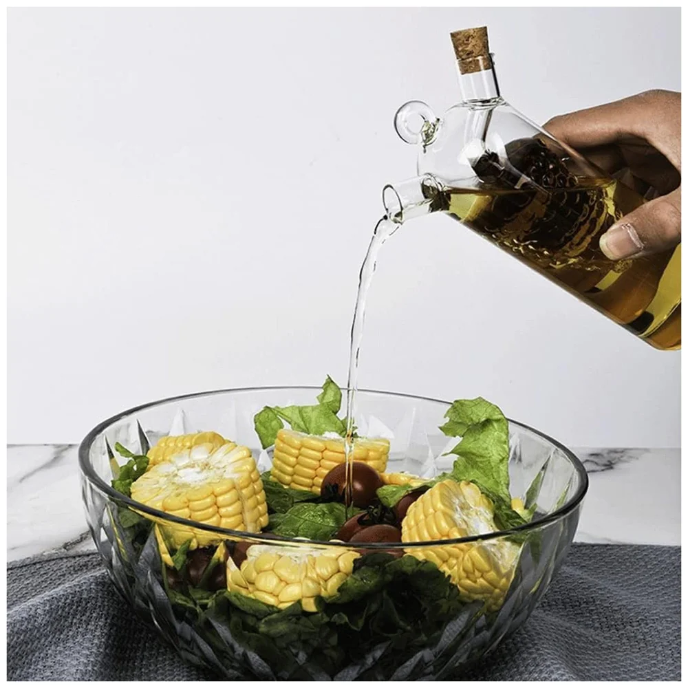 Oil and Vinegar Cruet Set Dispenser Set, 2-In-1 Double Layer Glass Olive Oil Bottle with Cork Stoppers, Pourer Spout Stoppers Oil Cruet Jar for Cooking Grape