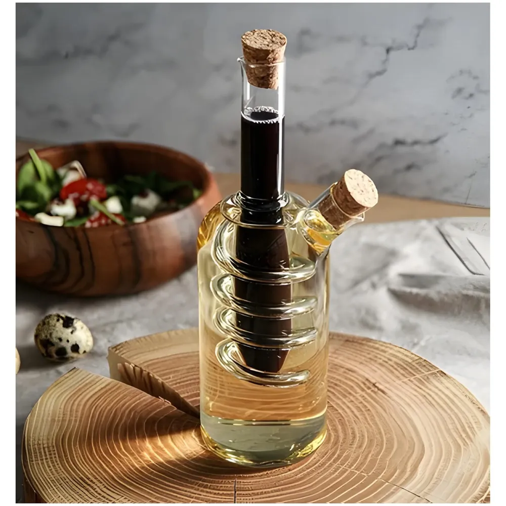 Oil and Vinegar Cruet Set Dispenser Set, 2-In-1 Double Layer Glass Olive Oil Bottle with Cork Stoppers, Pourer For Restaurants And Homes - 17cm x 9 cm