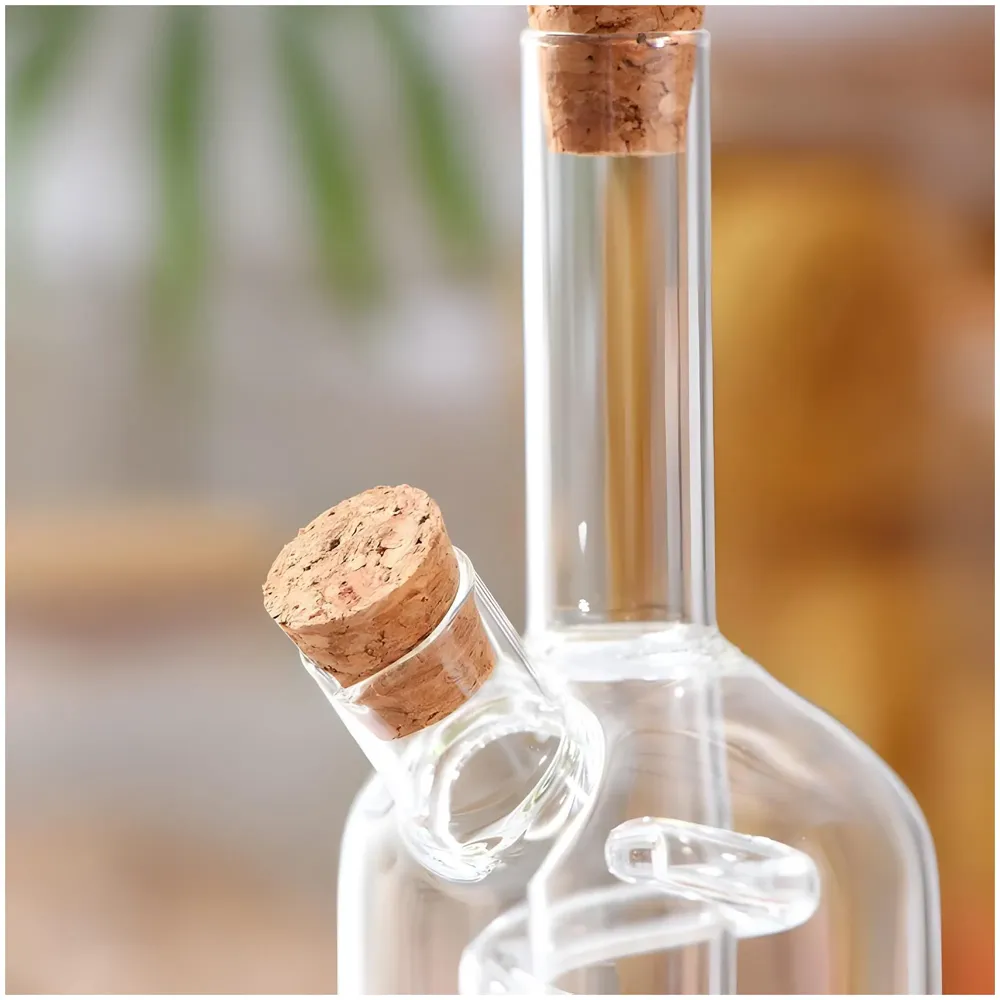 Oil and Vinegar Cruet Set Dispenser Set, 2-In-1 Double Layer Glass Olive Oil Bottle with Cork Stoppers, Pourer For Restaurants And Homes - 17cm x 9 cm
