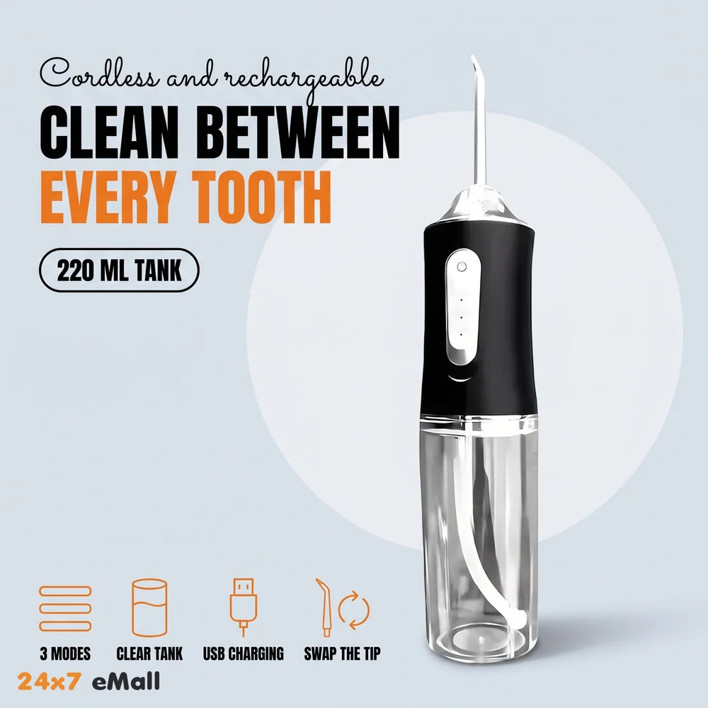 Black Water Flosser Portable Dental Water Jet Oral Teeth Irrigator Waterproof Tooth Cleaner Water Flosser Oral Flosser 3 Modes And 4 Nozzels 220 ML
