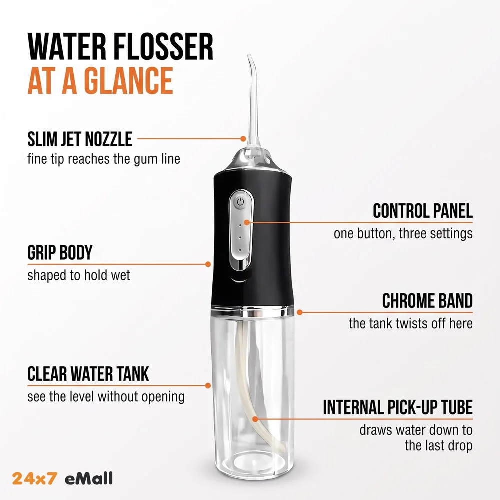 Black Water Flosser Portable Dental Water Jet Oral Teeth Irrigator Waterproof Tooth Cleaner Water Flosser Oral Flosser 3 Modes And 4 Nozzels 220 ML