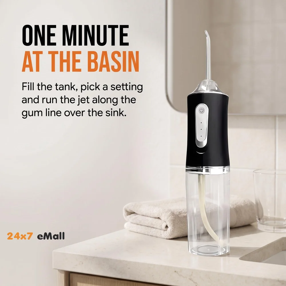 Black Water Flosser Portable Dental Water Jet Oral Teeth Irrigator Waterproof Tooth Cleaner Water Flosser Oral Flosser 3 Modes And 4 Nozzels 220 ML