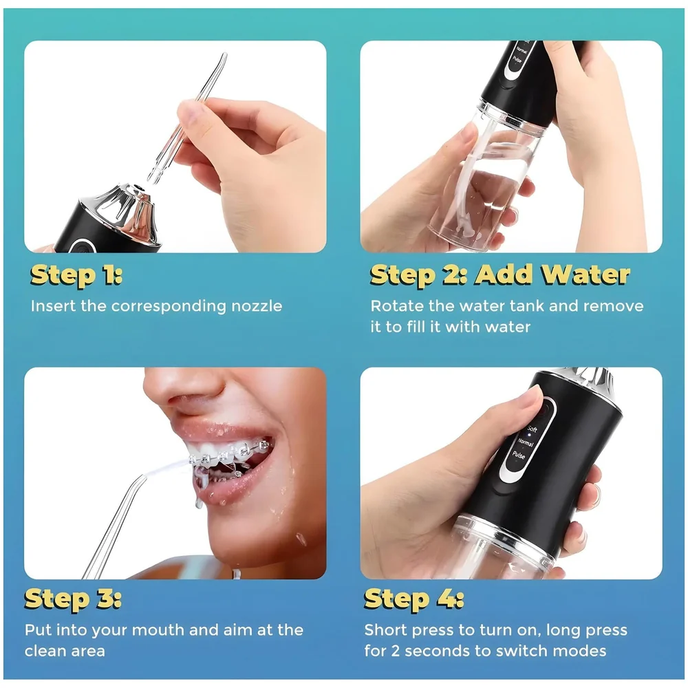Black Water Flosser Portable Dental Water Jet Oral Teeth Irrigator Waterproof Tooth Cleaner Water Flosser Oral Flosser 3 Modes And 4 Nozzels 220 ML