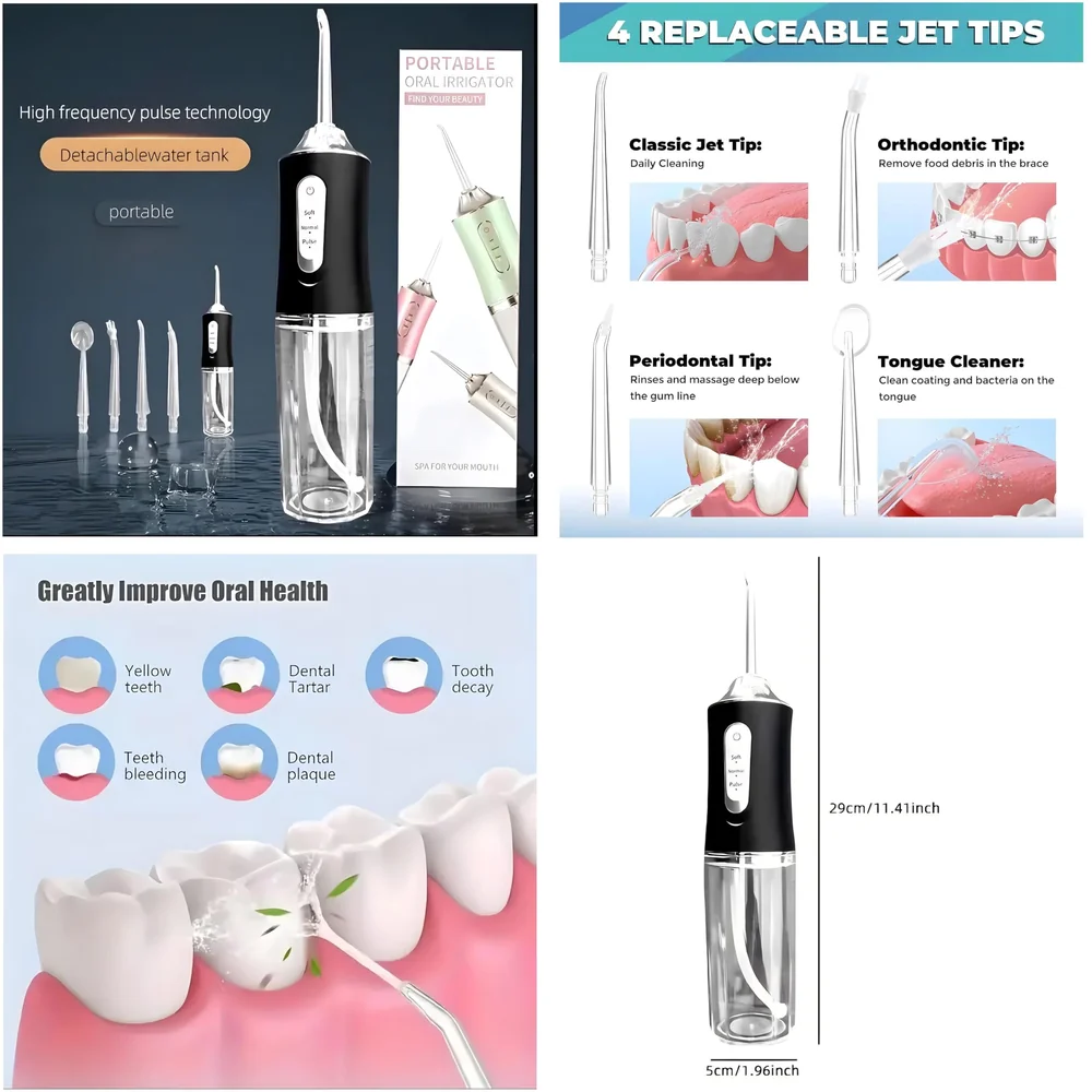 Black Water Flosser Portable Dental Water Jet Oral Teeth Irrigator Waterproof Tooth Cleaner Water Flosser Oral Flosser 3 Modes And 4 Nozzels 220 ML