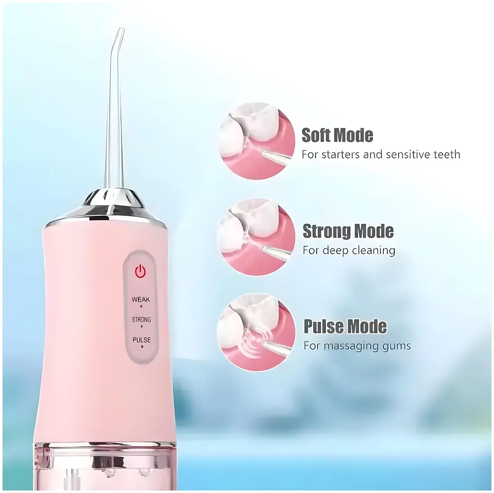 Pink Water Flosser Portable Dental Water Jet Oral Teeth Irrigator Waterproof Tooth Cleaner Water Flosser Oral Flosser 3 Modes And 4 Nozzels 220 ML - Premium