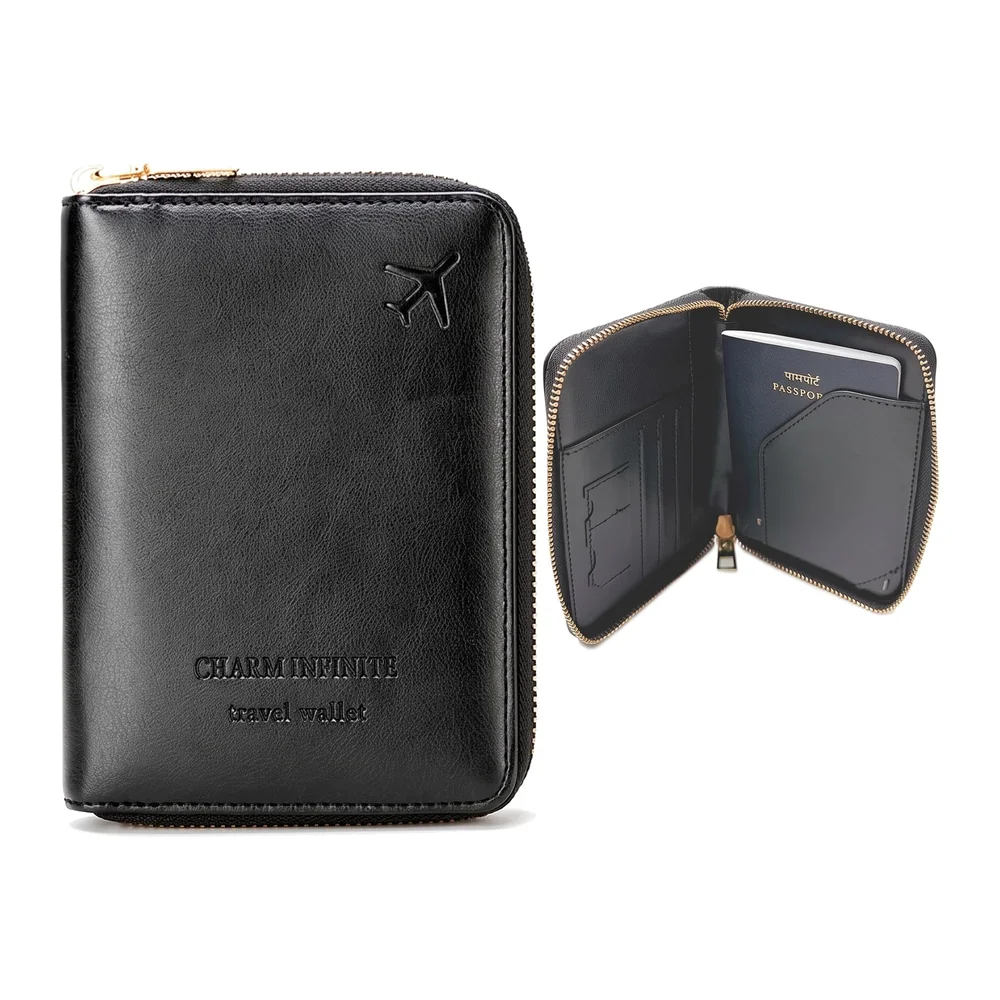 Passport Cover Case with Zip, 2 Passport Slots, 3 Credit Card, Boarding Pass, 2 Sim Slot Oragniser Pouch for Travel, Pocket Size - 15 Cm x 11 Cm PU Leather Black