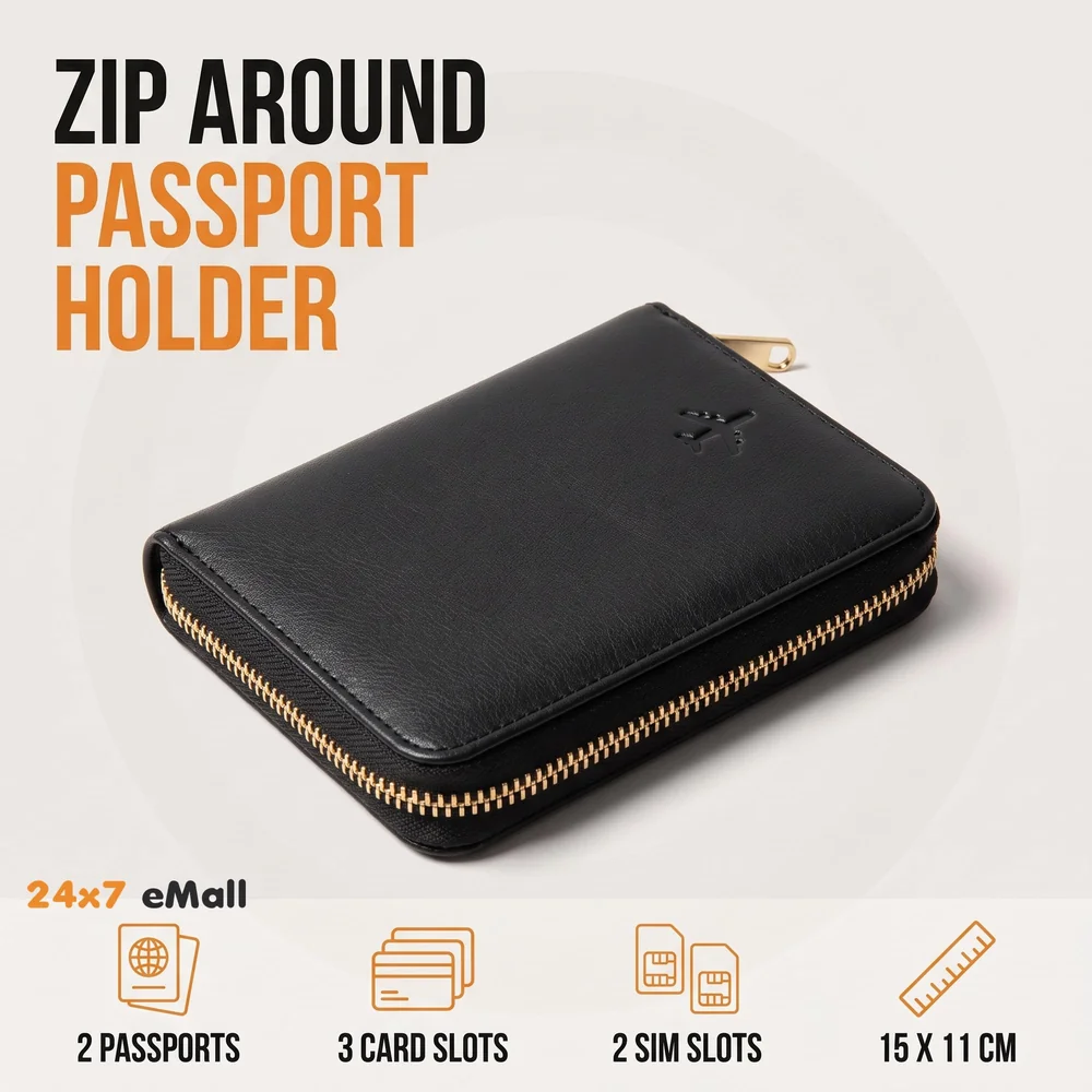 Passport Cover Case with Zip, 2 Passport Slots, 3 Credit Card, Boarding Pass, 2 Sim Slot Oragniser Pouch for Travel, Pocket Size - 15 Cm x 11 Cm PU Leather Black