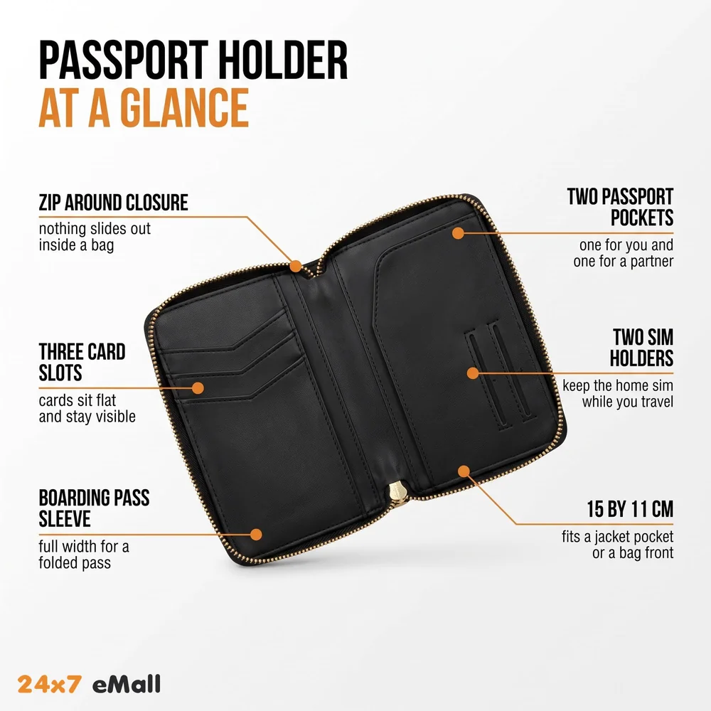 Passport Cover Case with Zip, 2 Passport Slots, 3 Credit Card, Boarding Pass, 2 Sim Slot Oragniser Pouch for Travel, Pocket Size - 15 Cm x 11 Cm PU Leather Black