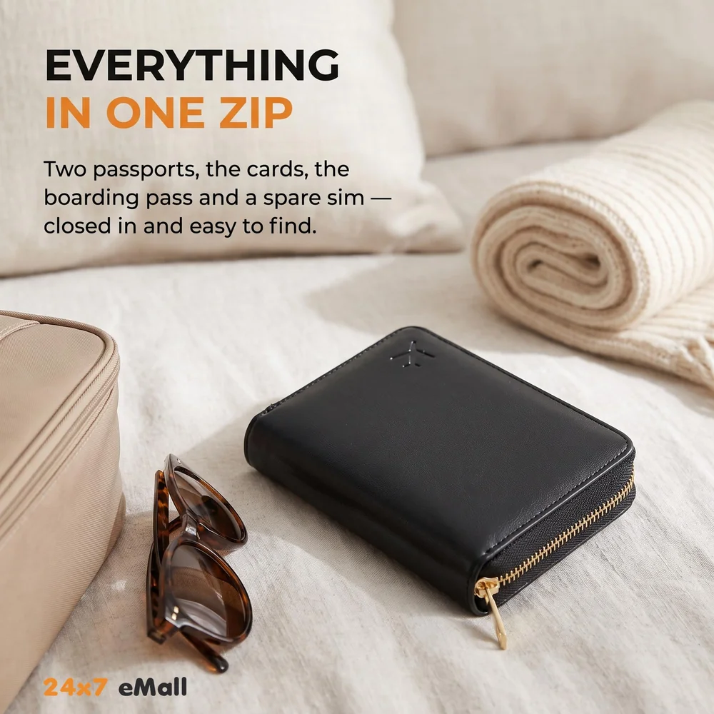 Passport Cover Case with Zip, 2 Passport Slots, 3 Credit Card, Boarding Pass, 2 Sim Slot Oragniser Pouch for Travel, Pocket Size - 15 Cm x 11 Cm PU Leather Black