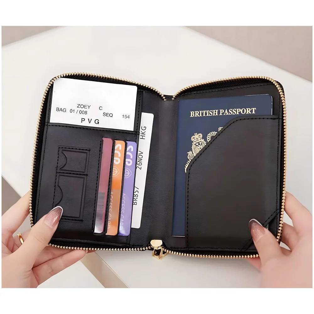 Passport Cover Case with Zip, 2 Passport Slots, 3 Credit Card, Boarding Pass, 2 Sim Slot Oragniser Pouch for Travel, Pocket Size - 15 Cm x 11 Cm PU Leather Black