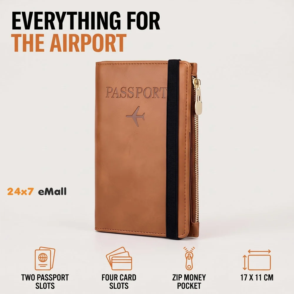 Passport Cover Case with Zip, 2 Passport Slots, 4 Credit Card, Boarding Pass, 2 Sim Slots, 1 Zip Money Slot Oragniser Pouch for Travel, Pocket Size - 17 Cm x 11 Cm PU Leather - Brown