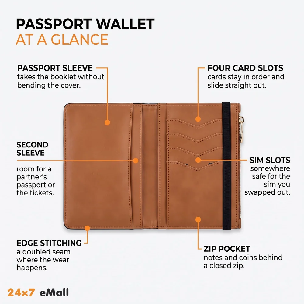 Passport Cover Case with Zip, 2 Passport Slots, 4 Credit Card, Boarding Pass, 2 Sim Slots, 1 Zip Money Slot Oragniser Pouch for Travel, Pocket Size - 17 Cm x 11 Cm PU Leather - Brown