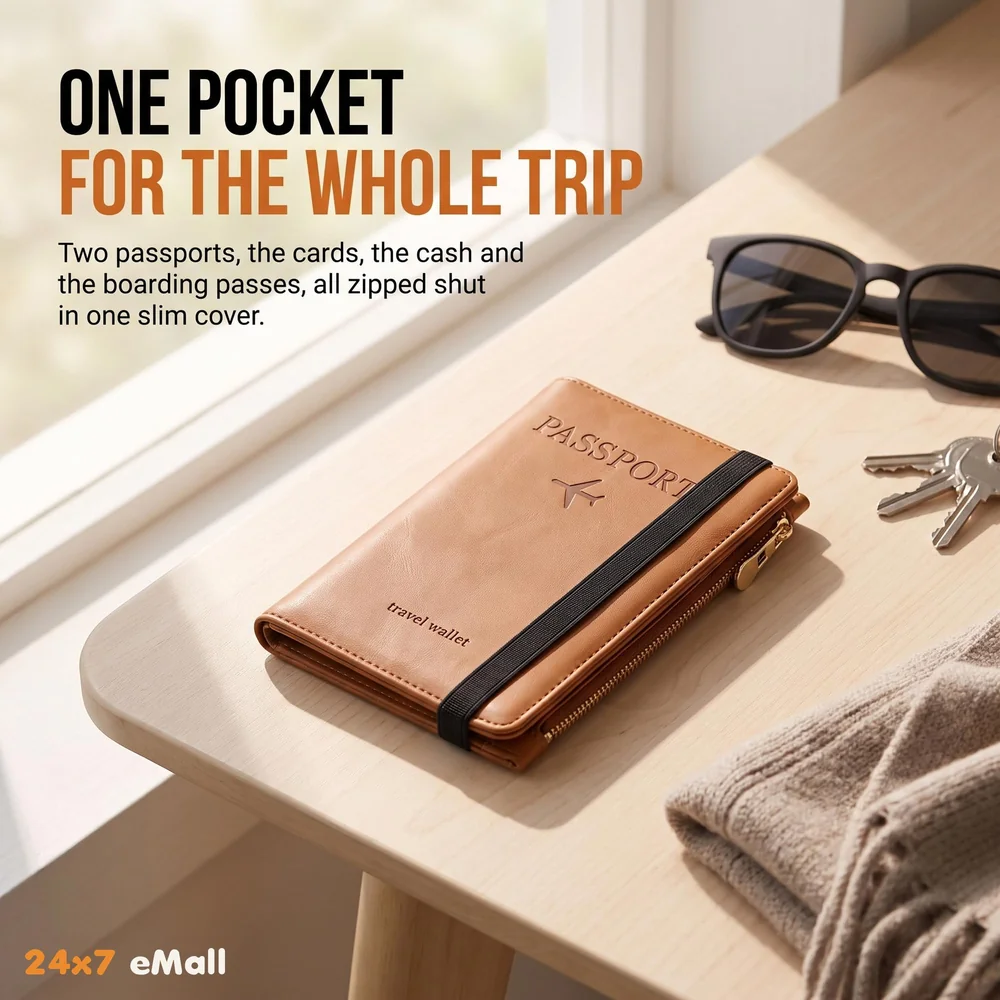 Passport Cover Case with Zip, 2 Passport Slots, 4 Credit Card, Boarding Pass, 2 Sim Slots, 1 Zip Money Slot Oragniser Pouch for Travel, Pocket Size - 17 Cm x 11 Cm PU Leather - Brown