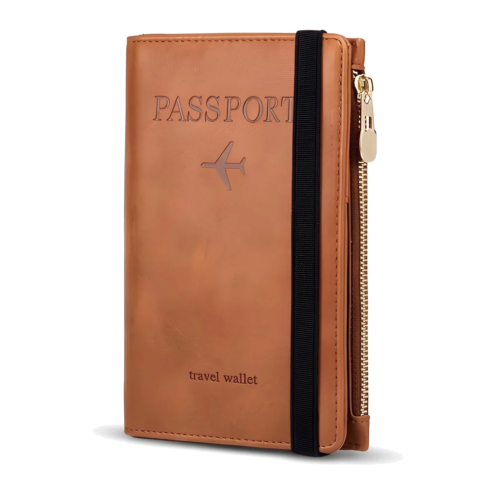 Passport Cover Case with Zip, 2 Passport Slots, 4 Credit Card, Boarding Pass, 2 Sim Slots, 1 Zip Money Slot Oragniser Pouch for Travel, Pocket Size - 17 Cm x 11 Cm PU Leather - Brown